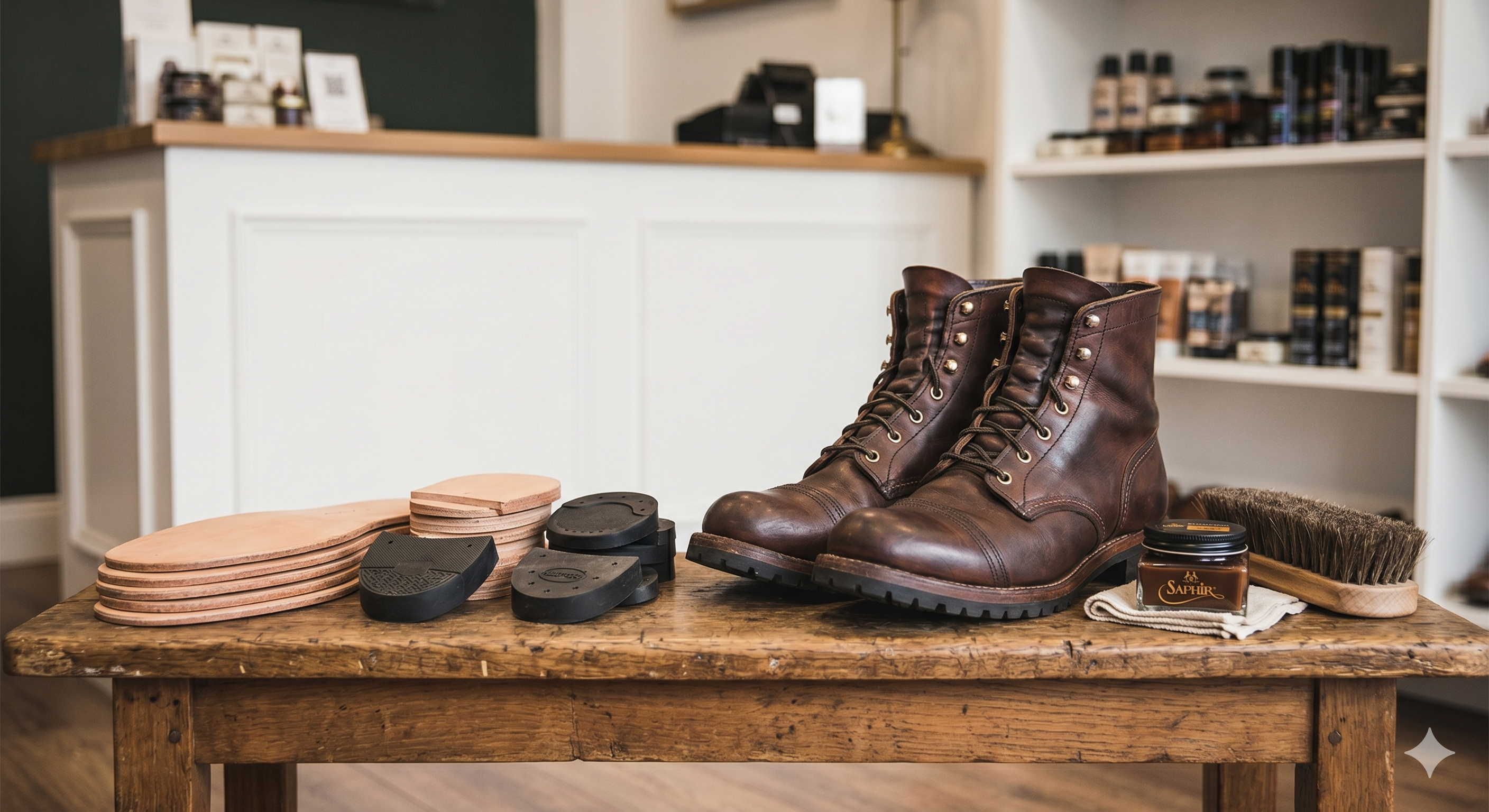 Cobbler stitching a shoe at the workbench
